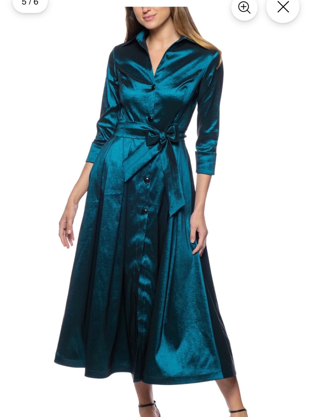 MARINA 3/4 Sleeve Point Collar Neck Tie Waist Taffeta Mid A-Line Dress